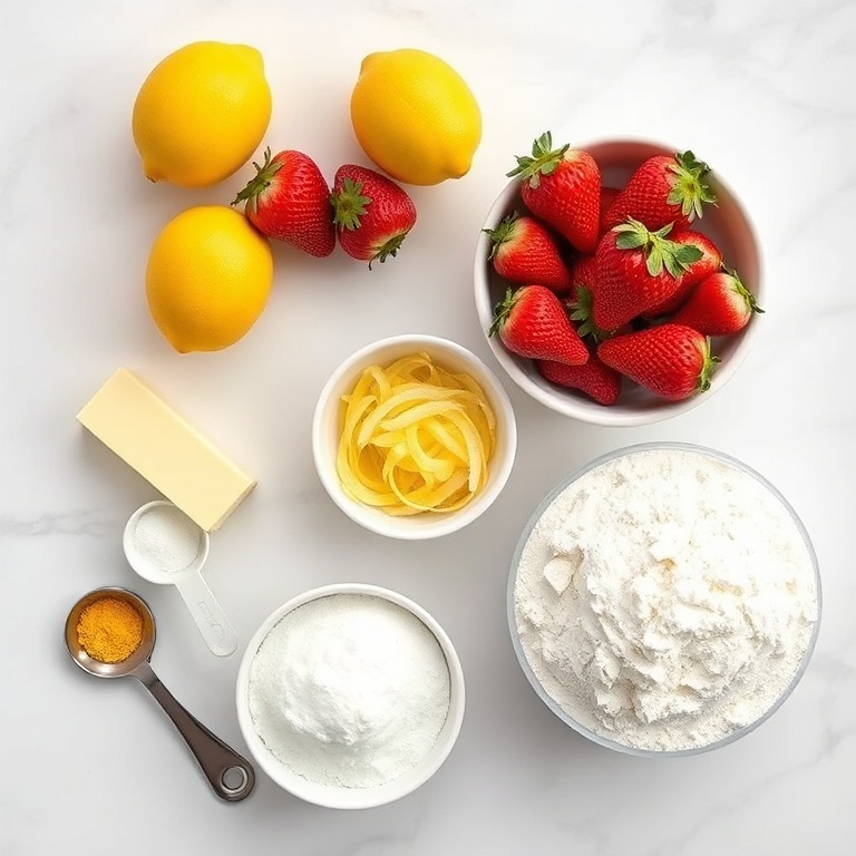 Raw ingredients for strawberry lemonade bread including fresh strawberries, lemons, sugar, eggs, flour with measuring cups and spoons