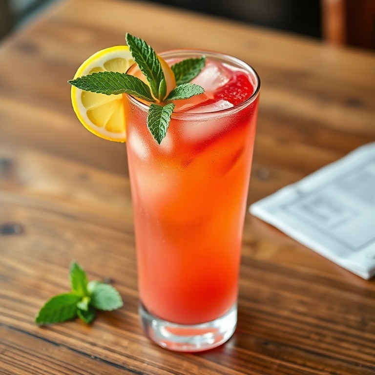 A single glass of strawberry lemonade punch with a slice of lemon and a sprig of mint on the rim, sitting on a wooden table