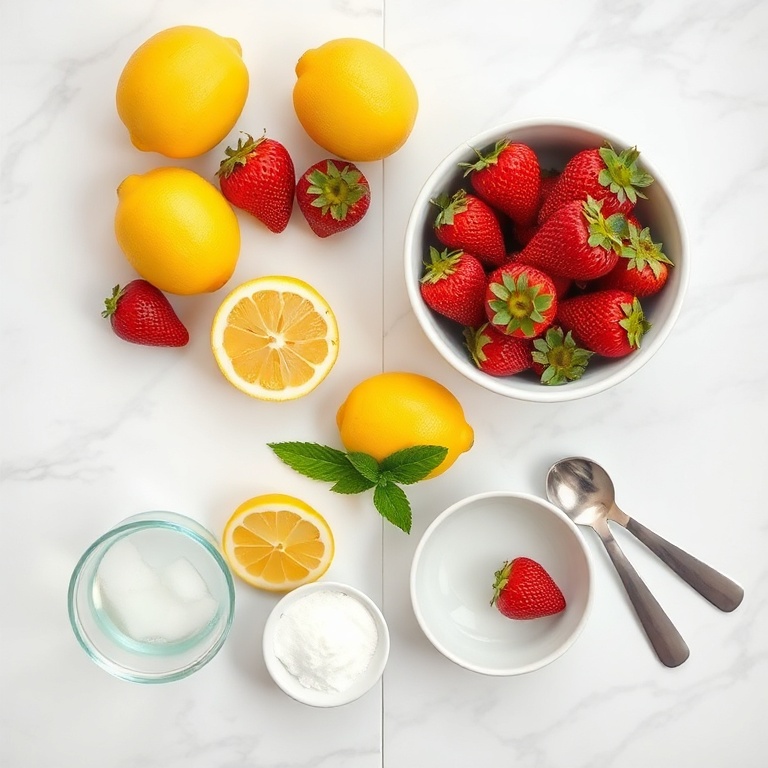 Overhead flat lay of fresh strawberries, lemons, sugar, water, and a mint sprig arranged neatly on a white marble countertop