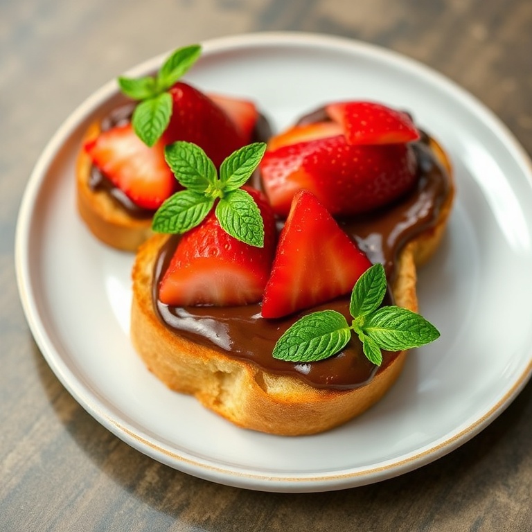 Plated serving of strawberry Nutella bruschetta garnished with fresh mint on a white ceramic plate with golden toasted edges