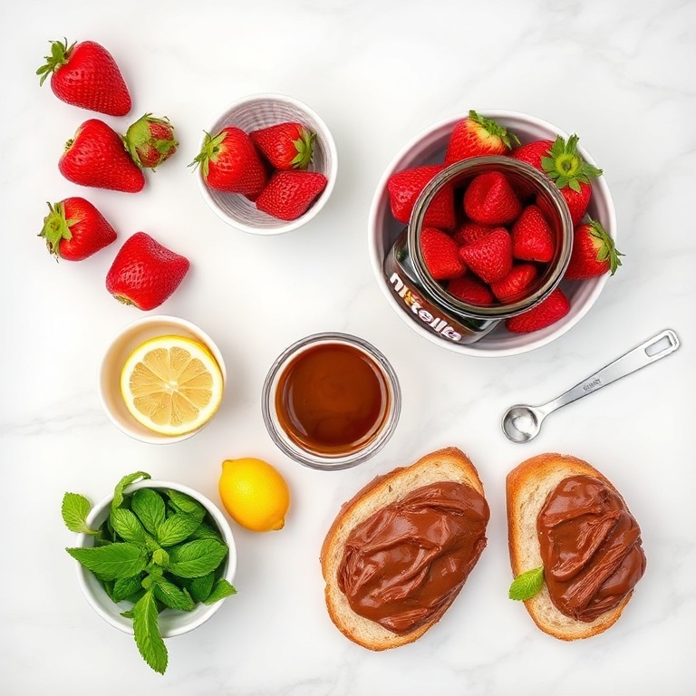 Overhead view of raw ingredients for strawberry Nutella bruschetta including fresh strawberries, Nutella jar, crusty bread slices, lemon, and mint on a white surface