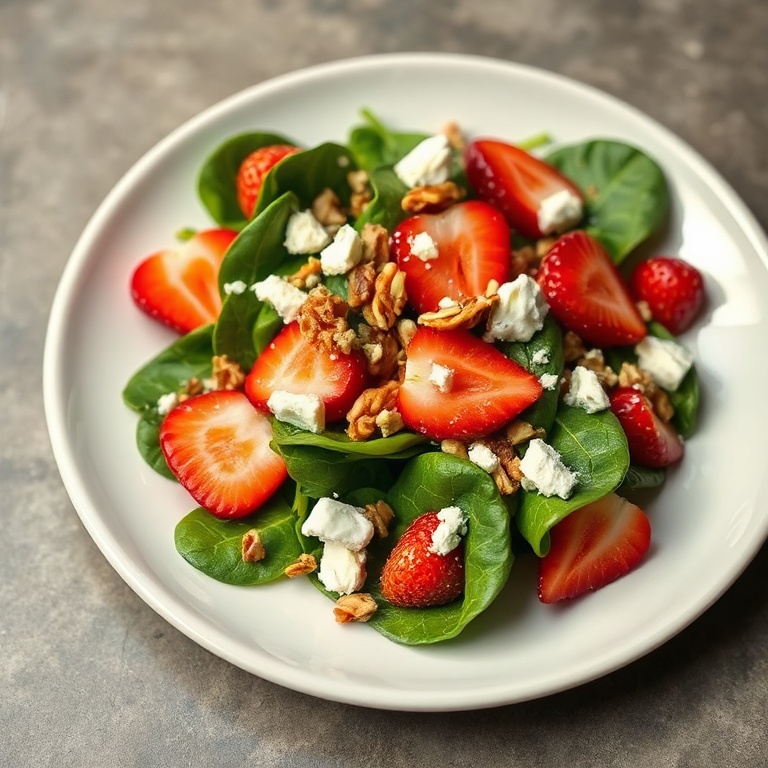 Single plated serving of strawberry spinach salad garnished with walnuts and crumbled feta on white plate