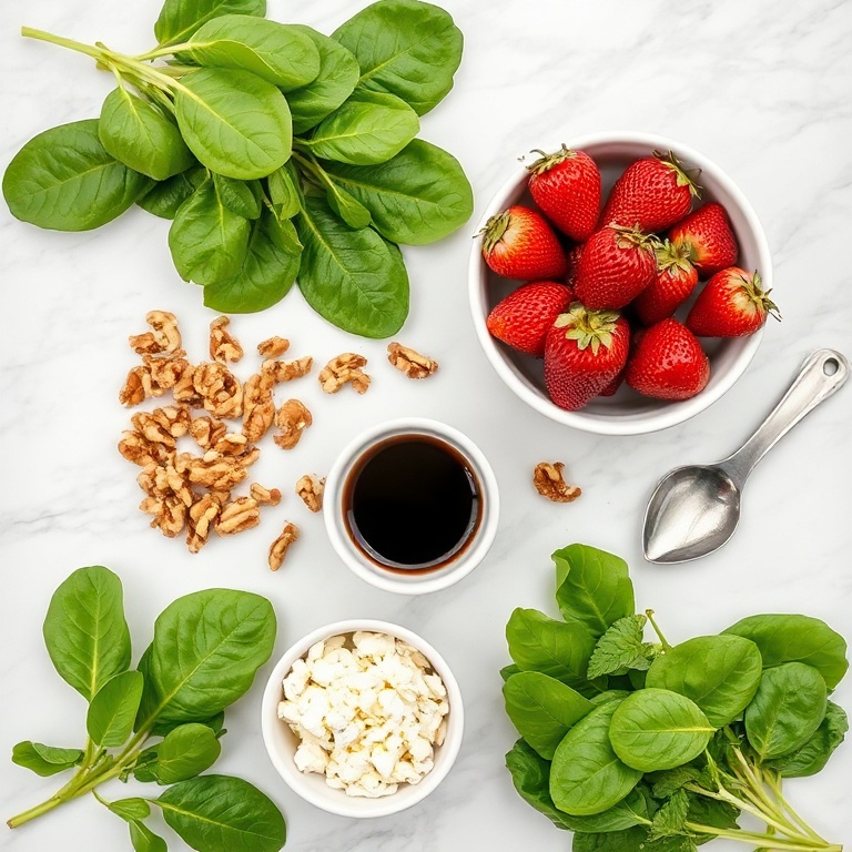 Overhead view of raw ingredients for strawberry spinach salad including fresh spinach, strawberries, walnuts, feta cheese, and balsamic glaze
