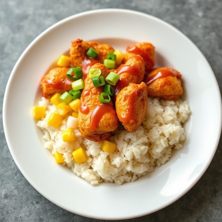 A perfectly plated chicken rice bowl with crispy chicken, sweet corn, and rice. Topped with green onions and a drizzle of sauce on a white ceramic plate.