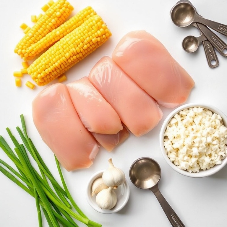 Fresh chicken thighs, sweet corn, white rice, green onions, and garlic arranged in a flat lay. Measuring spoons and bowls on a white surface.