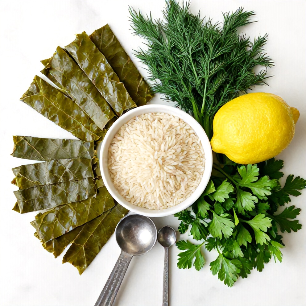 Raw Ingredients for Easy Stuffed Grape Leaves