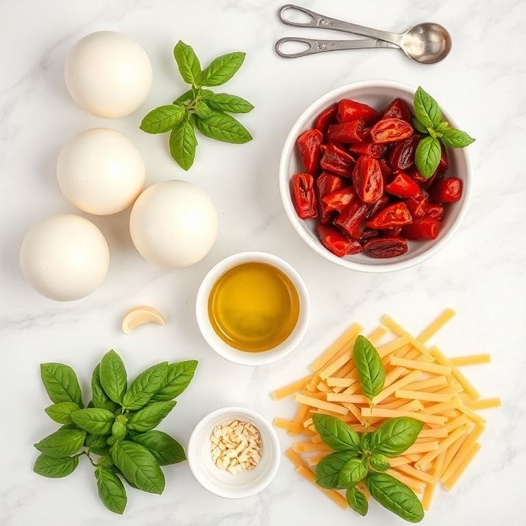 Overhead view of raw ingredients for sun dried tomato pasta salad including fresh mozzarella, sun dried tomatoes, pasta, basil, and olive oil