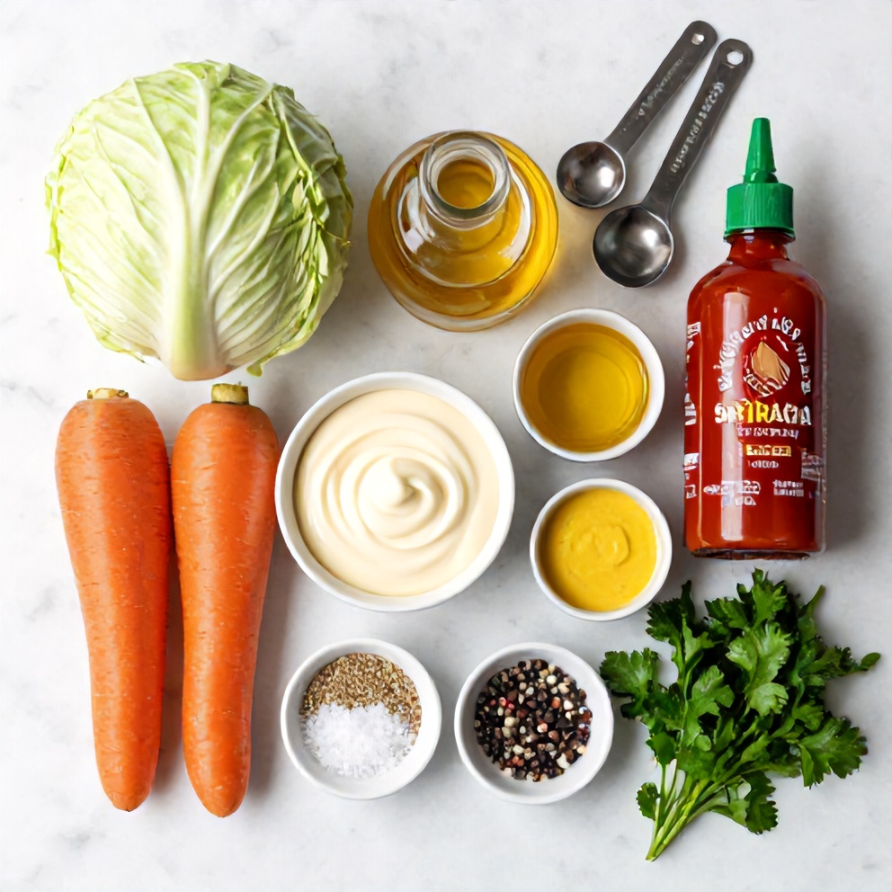 Raw ingredients for Sweet and Spicy Pickle Slaw on a white marble surface