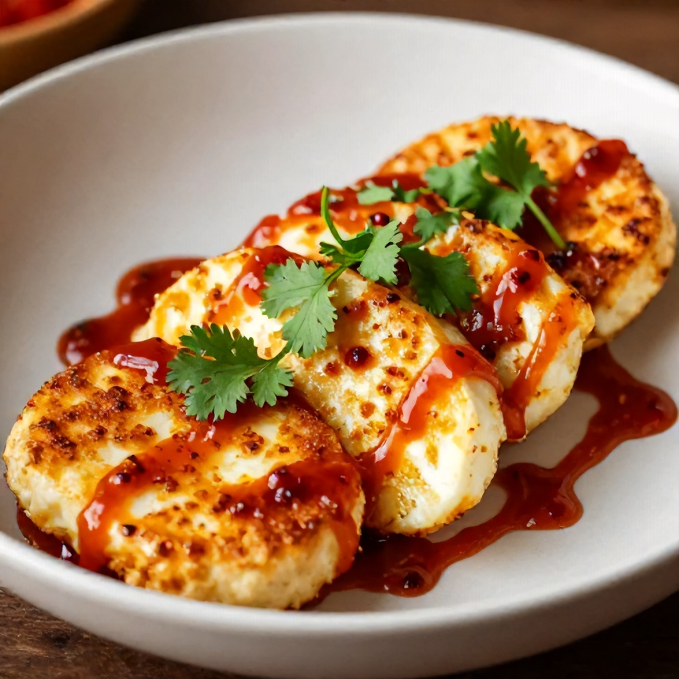 Plated Sweet Chili Halloumi Wrap with fresh cilantro