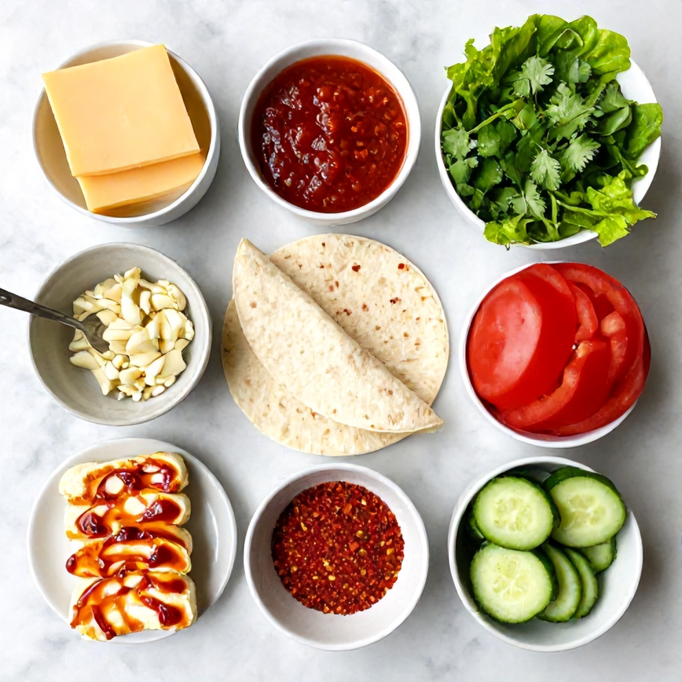 Raw ingredients for Sweet Chili Halloumi Wraps on a marble surface