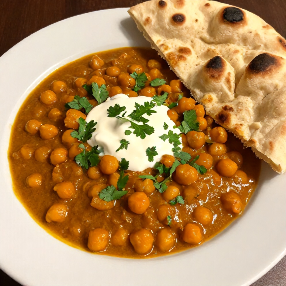 Plated serving of Sweet Potato Chickpea Curry with naan bread