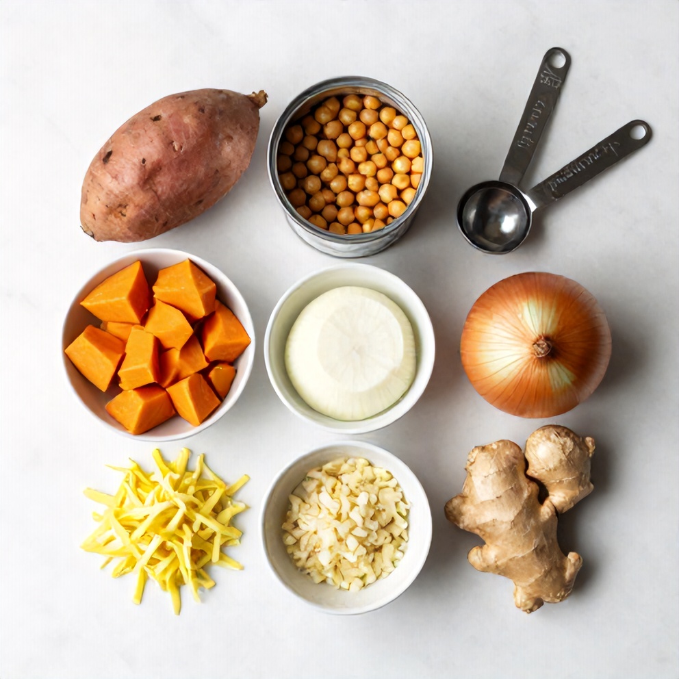 Raw ingredients for Sweet Potato Chickpea Curry arranged in a flat lay
