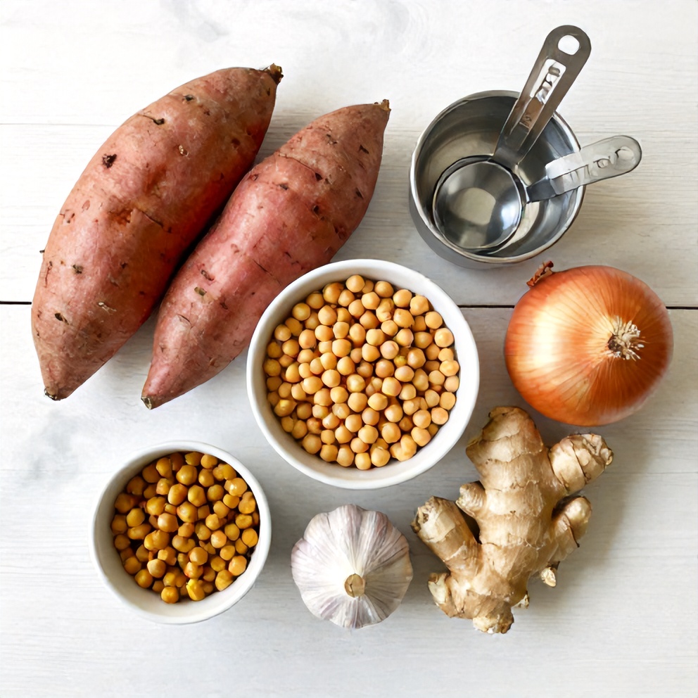 Ingredients for Sweet Potato Chickpea Curry laid out