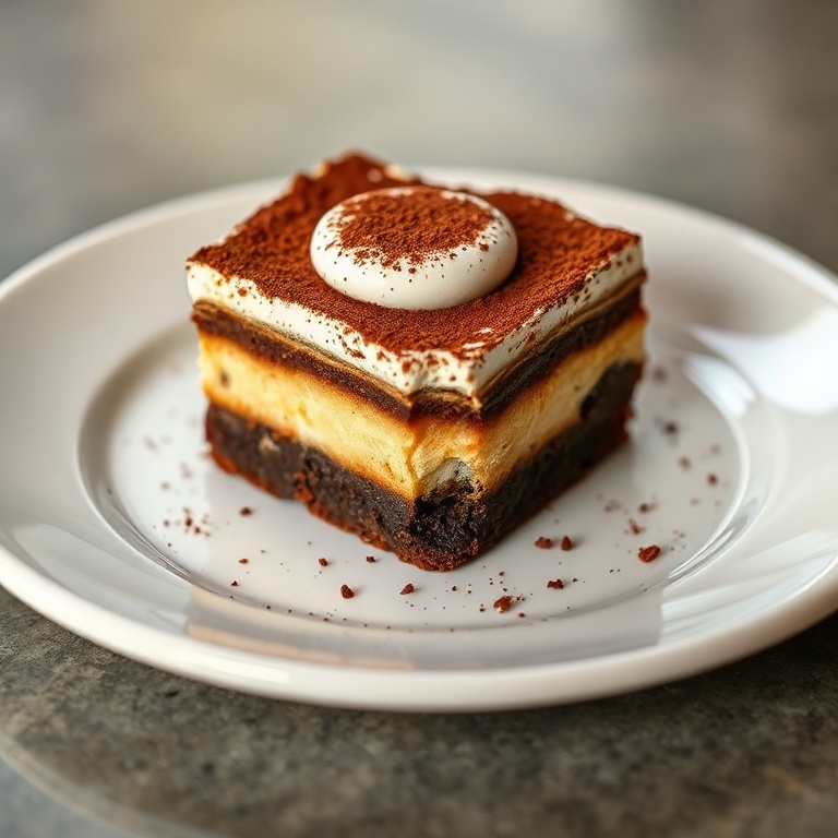 A single tiramisu brownie on a white plate. Topped with mascarpone and cocoa powder. Warm side lighting. No text or watermark.