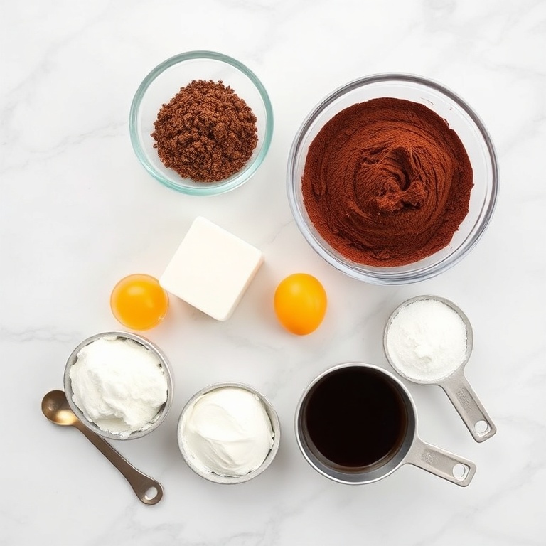 Raw ingredients for tiramisu brownies: flour, cocoa powder, eggs, mascarpone, sugar, coffee. Measuring cups and bowls nearby. White marble surface.