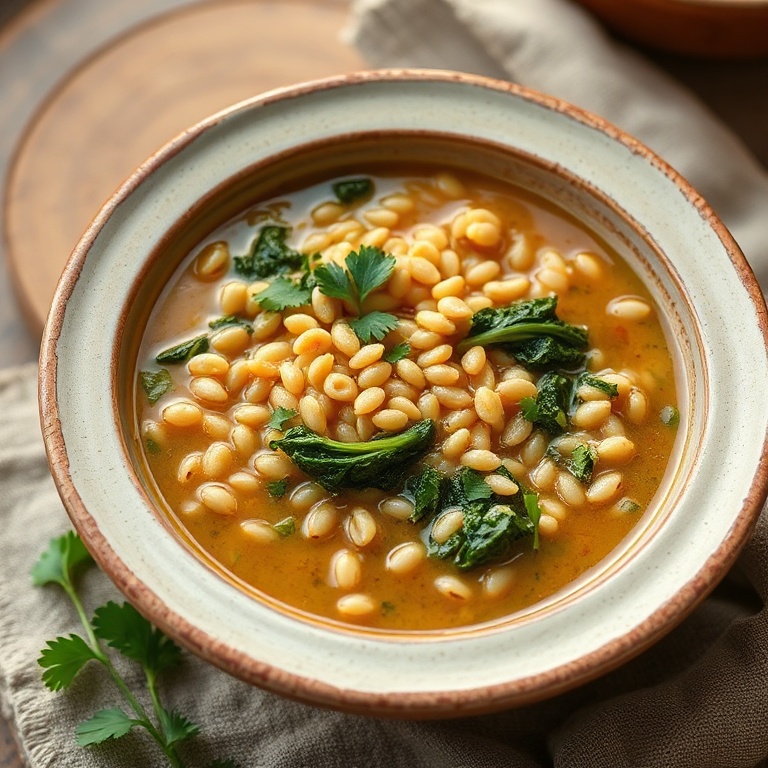 Close-up of one serving of Tuscan farro soup garnished with fresh kale in a rustic bowl