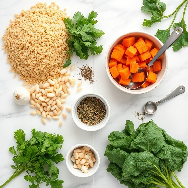 Raw ingredients for Tuscan farro soup including farro, kale, white beans, garlic, and onions arranged in bowls on light surface