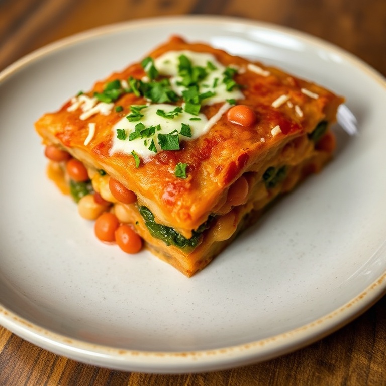 Perfectly plated vegan bean bake with vegan cheese and herbs. Close-up showing layers. Warm lighting. No text or watermark.