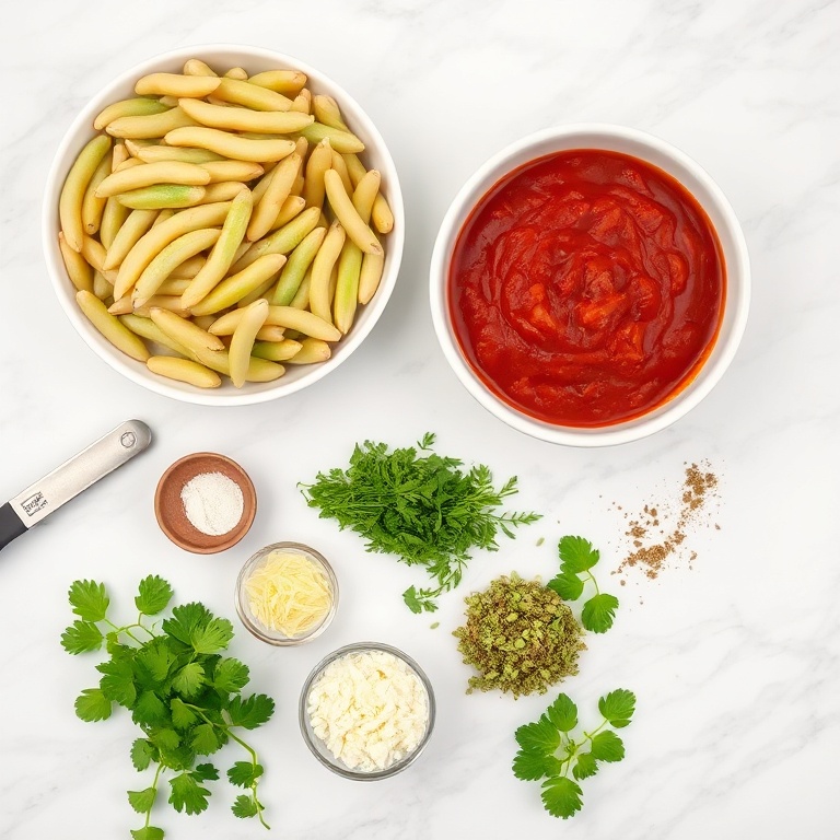 Fresh beans, tomato sauce, vegan cheese, and herbs arranged in an overhead flat lay. Measuring spoons and bowls visible. White marble surface. Bright light. No text or watermark.