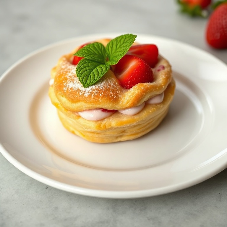 Plated vegan strawberry cream cheese danish garnished with fresh mint on a white plate