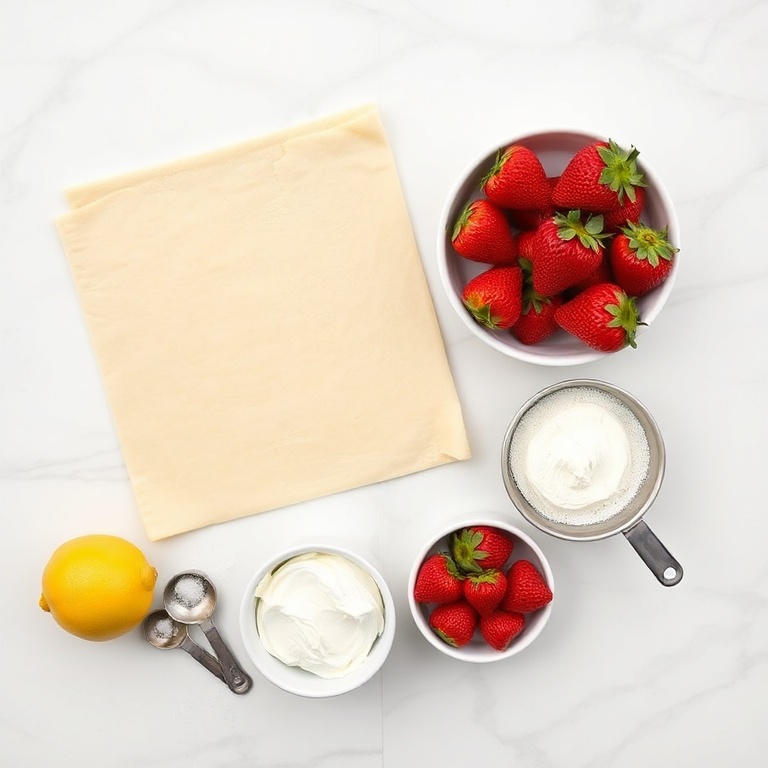 Overhead view of ingredients for vegan strawberry cream cheese danish including vegan cream cheese, fresh strawberries, puff pastry, sugar, and lemon zest