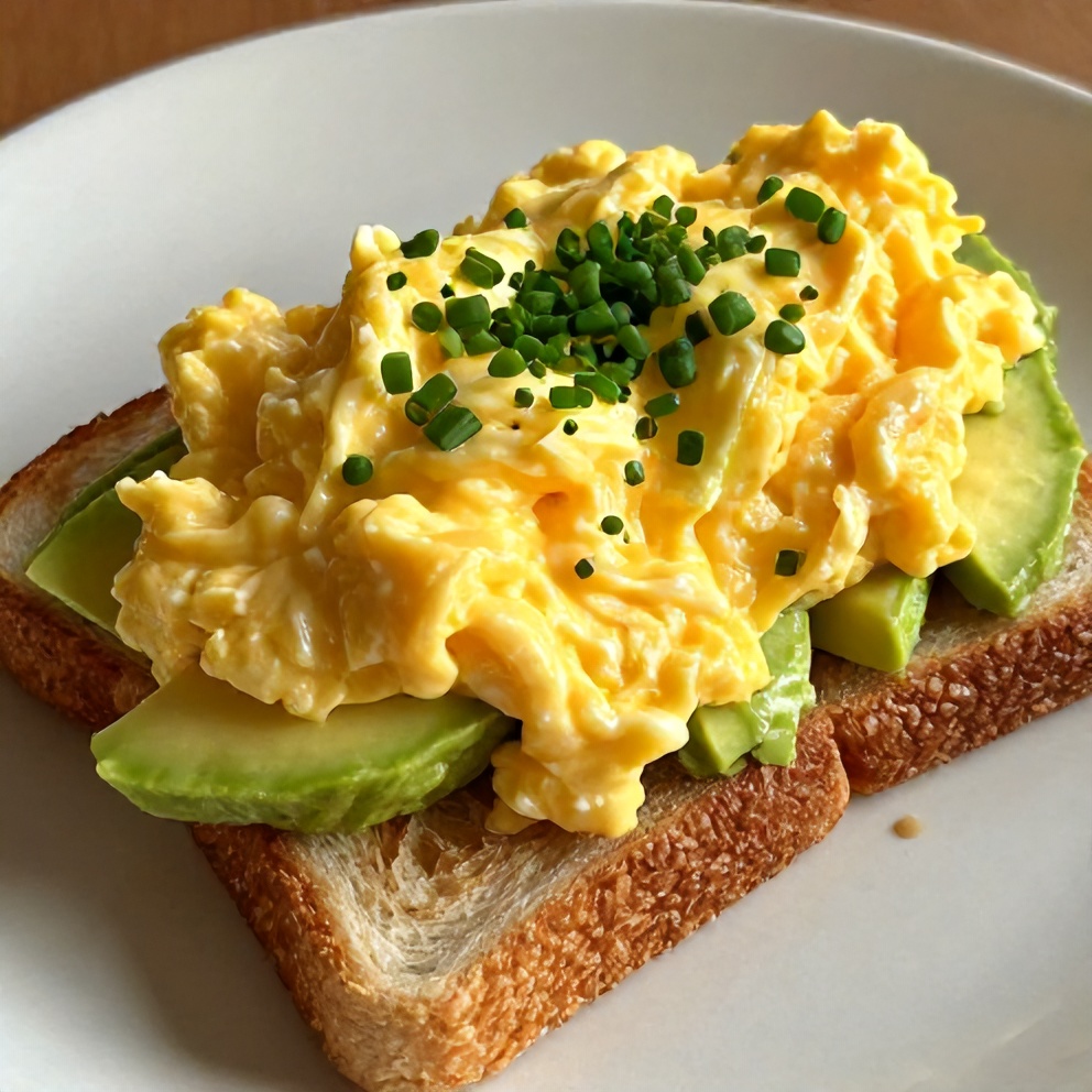 Veggie Scrambled Eggs on Toast with Avocado and Chives