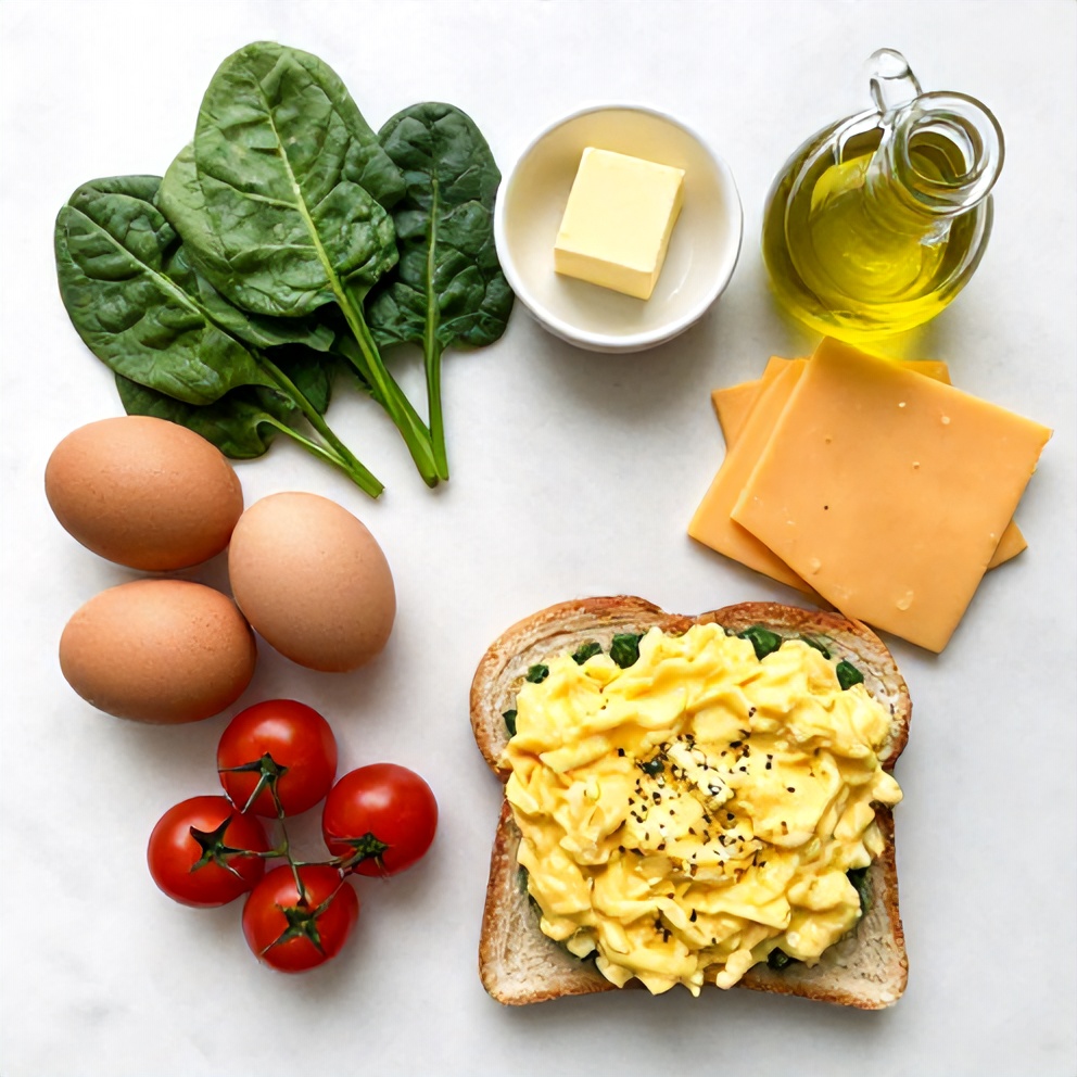 Raw Ingredients for Veggie Scrambled Eggs on Toast