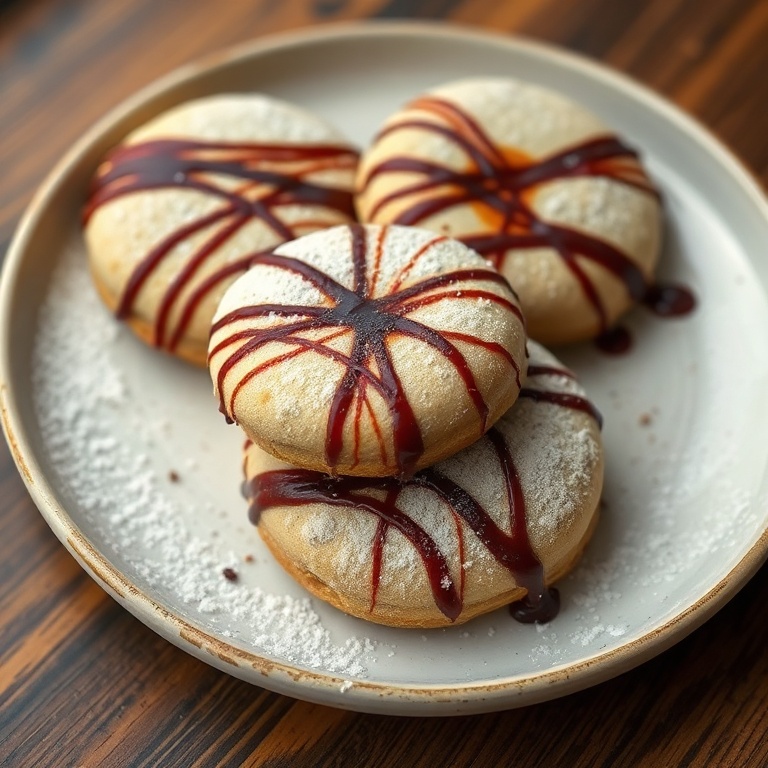 Perfectly plated Vietnamese Coffee Marble Cookies with powdered sugar and a coffee drizzle, close crop, ceramic plate, warm side lighting showing texture, photorealistic food photography style