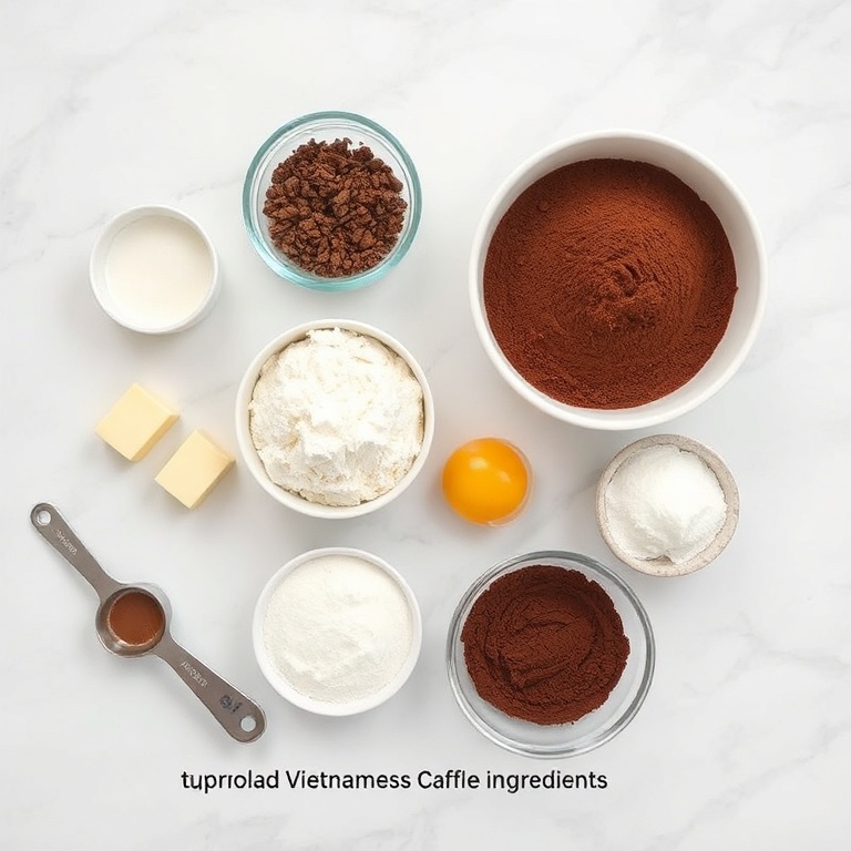 Overhead flat lay of raw ingredients for Vietnamese Coffee Marble Cookies: coffee powder, all-purpose flour, butter, sugar, eggs, and cocoa powder, with measuring spoons and bowls, white marble surface, bright even light