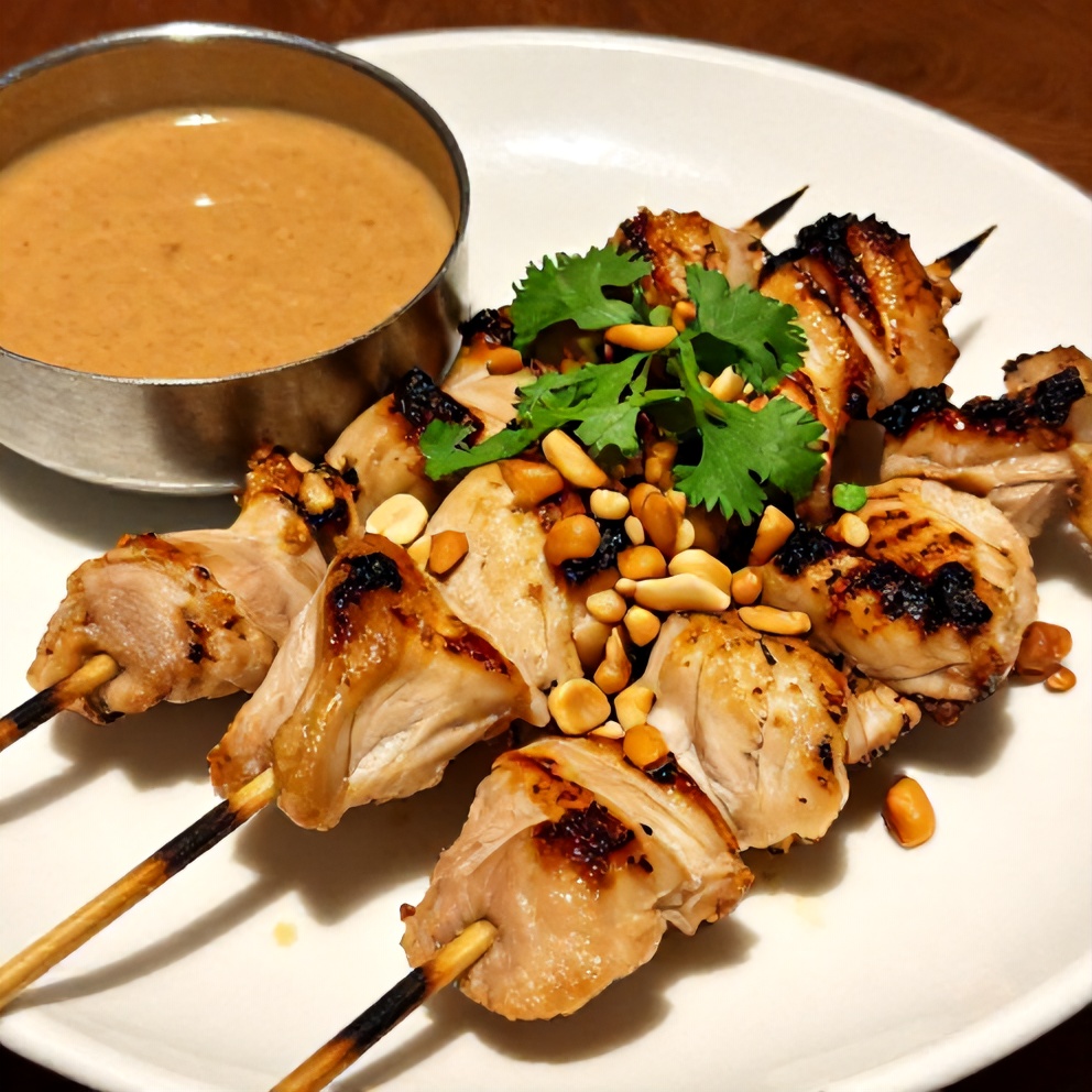 Plated Vietnamese lemongrass chicken skewers with peanut sauce and garnished with cilantro