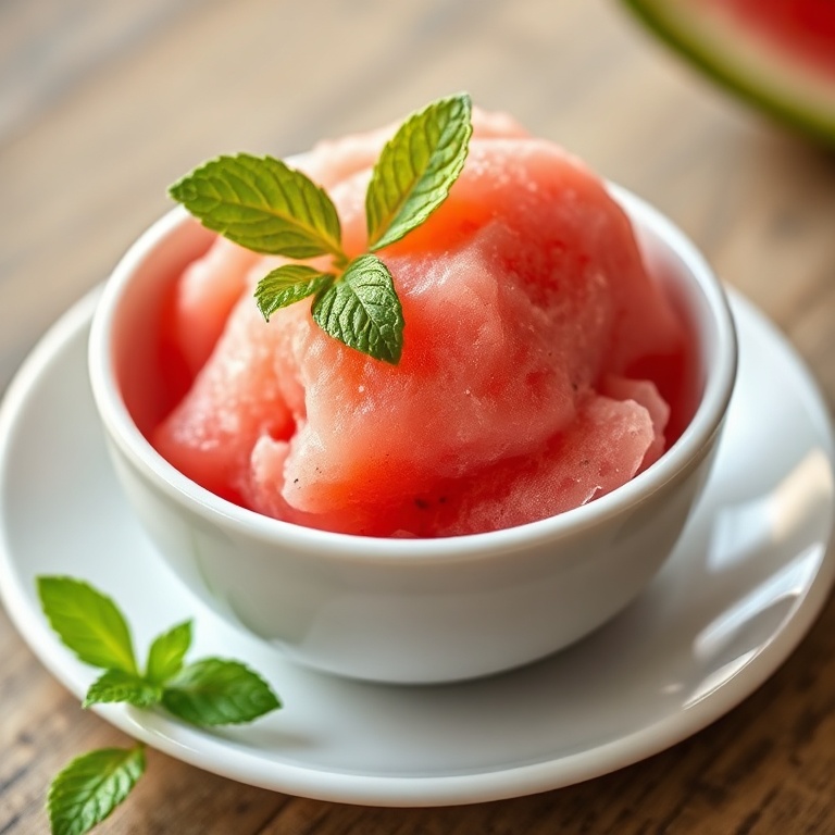 Close up of a single serving of watermelon sorbet garnished with fresh mint leaves in a white bowl