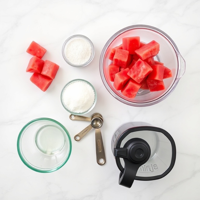 Overhead flat lay of fresh watermelon, sugar, and ice cream maker accessories on white marble surface