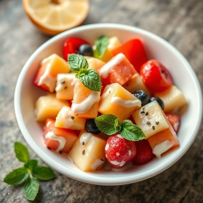Single serving of winter fruit salad garnished with mint leaves on a white plate