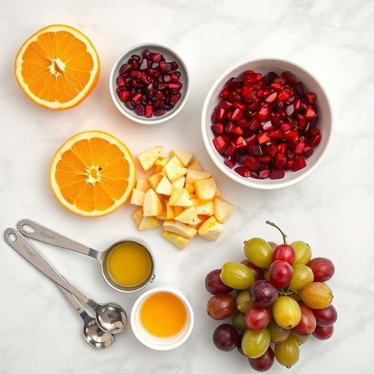 Overhead flat lay of winter fruit salad ingredients including oranges, pomegranate seeds, apples, poppy seeds, and dressing components