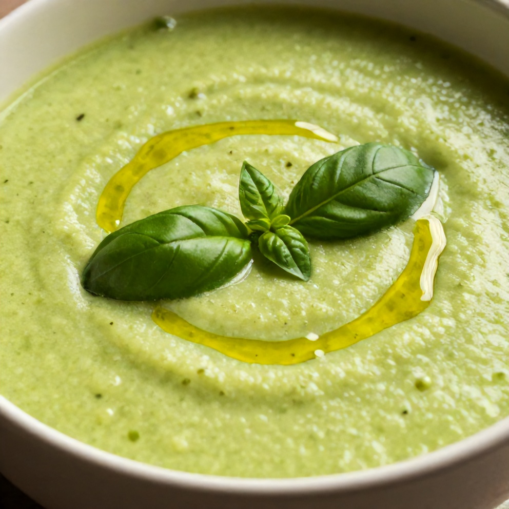 Zucchini Basil Soup garnished with fresh basil and a drizzle of olive oil
