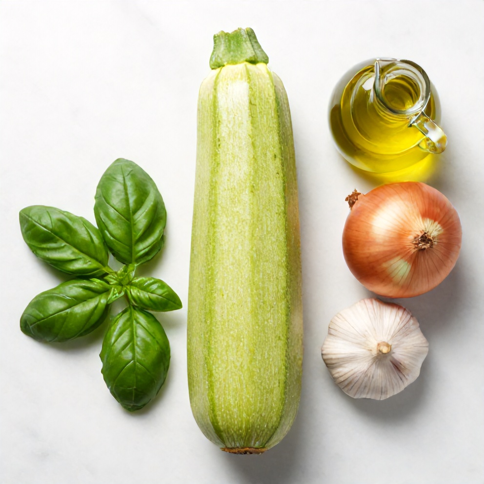 Zucchini, basil, garlic, onion, and olive oil on a wooden surface