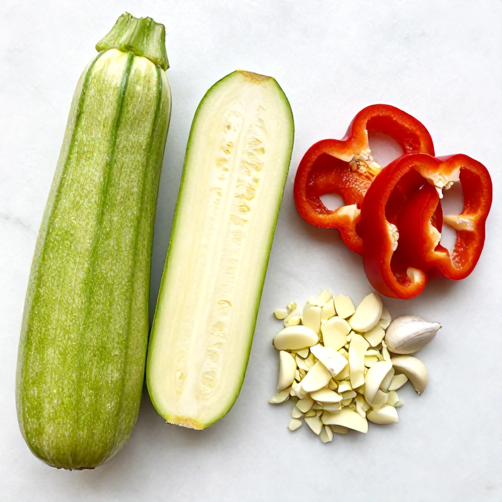 Raw zucchini, bell peppers, and garlic cloves on a white marble surface