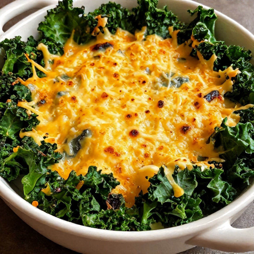 Plated serving of Zuppa Toscana Casserole with crispy kale and golden cheese topping