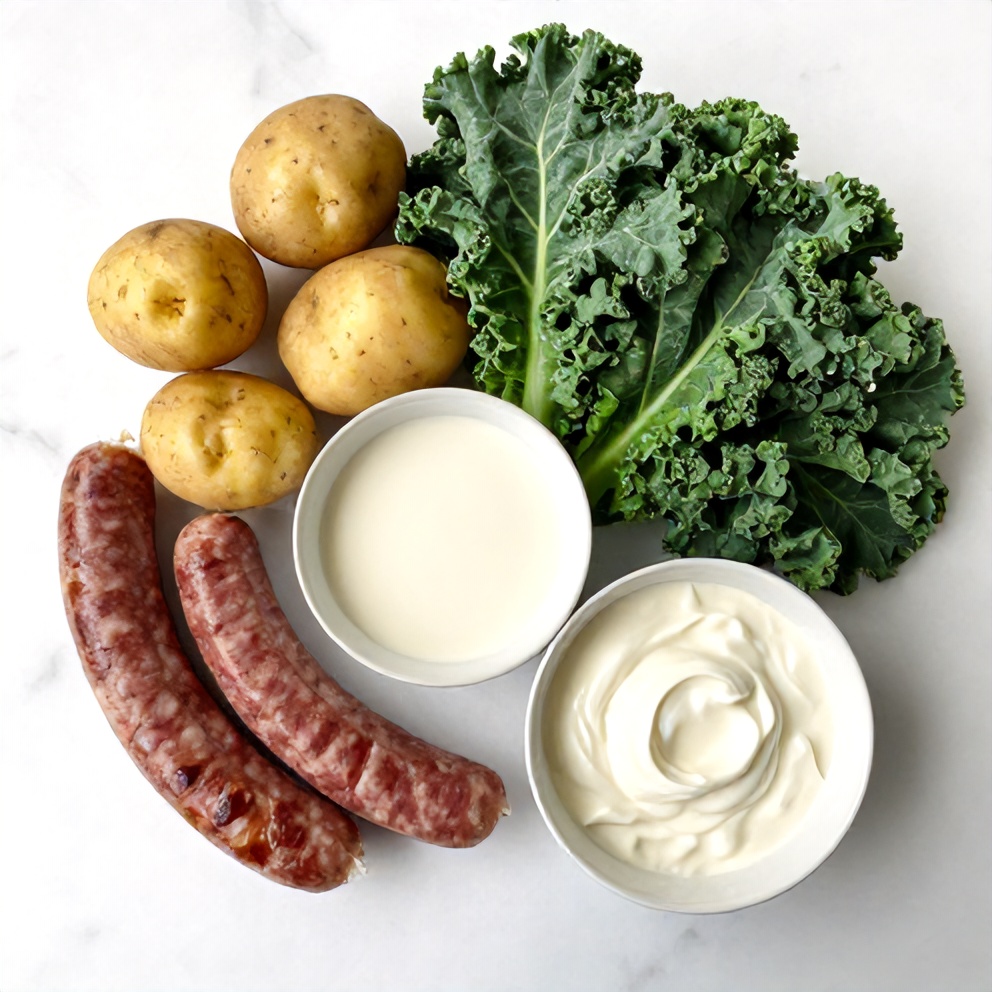 Raw ingredients for Zuppa Toscana Casserole including sausage, potatoes, kale, and heavy cream