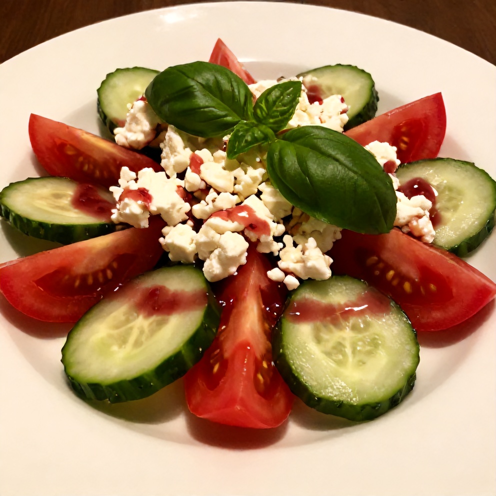 Plated Fresh Cucumber Tomato Feta Salad with fresh basil
