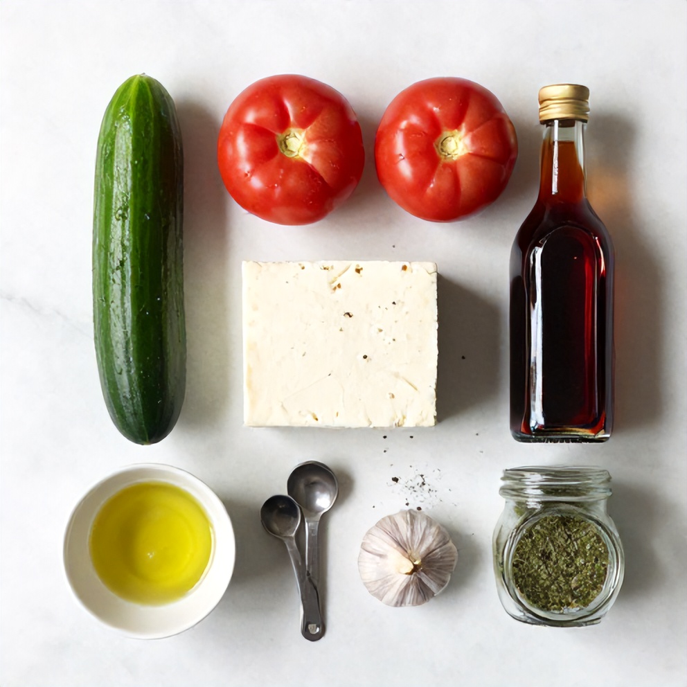 Raw ingredients for Fresh Cucumber Tomato Feta Salad on a white marble surface