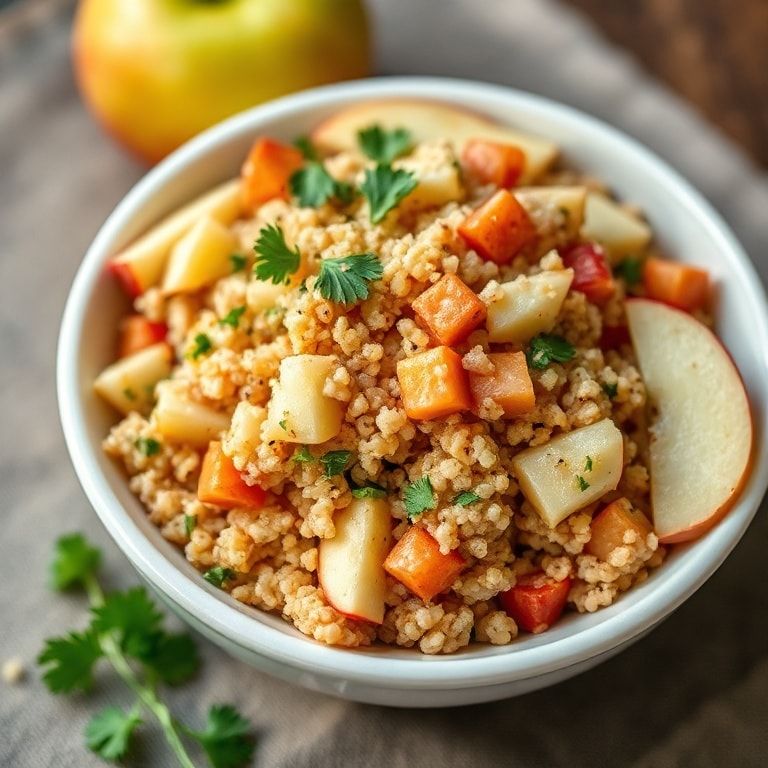 Close-up of one serving of fresh fall quinoa salad garnished with fresh herbs on a ceramic plate