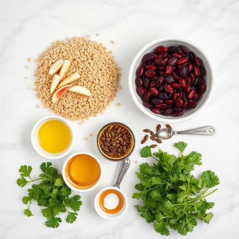 Overhead flat lay of fresh fall quinoa salad ingredients including quinoa, apples, cranberries, pumpkin seeds, and green herbs