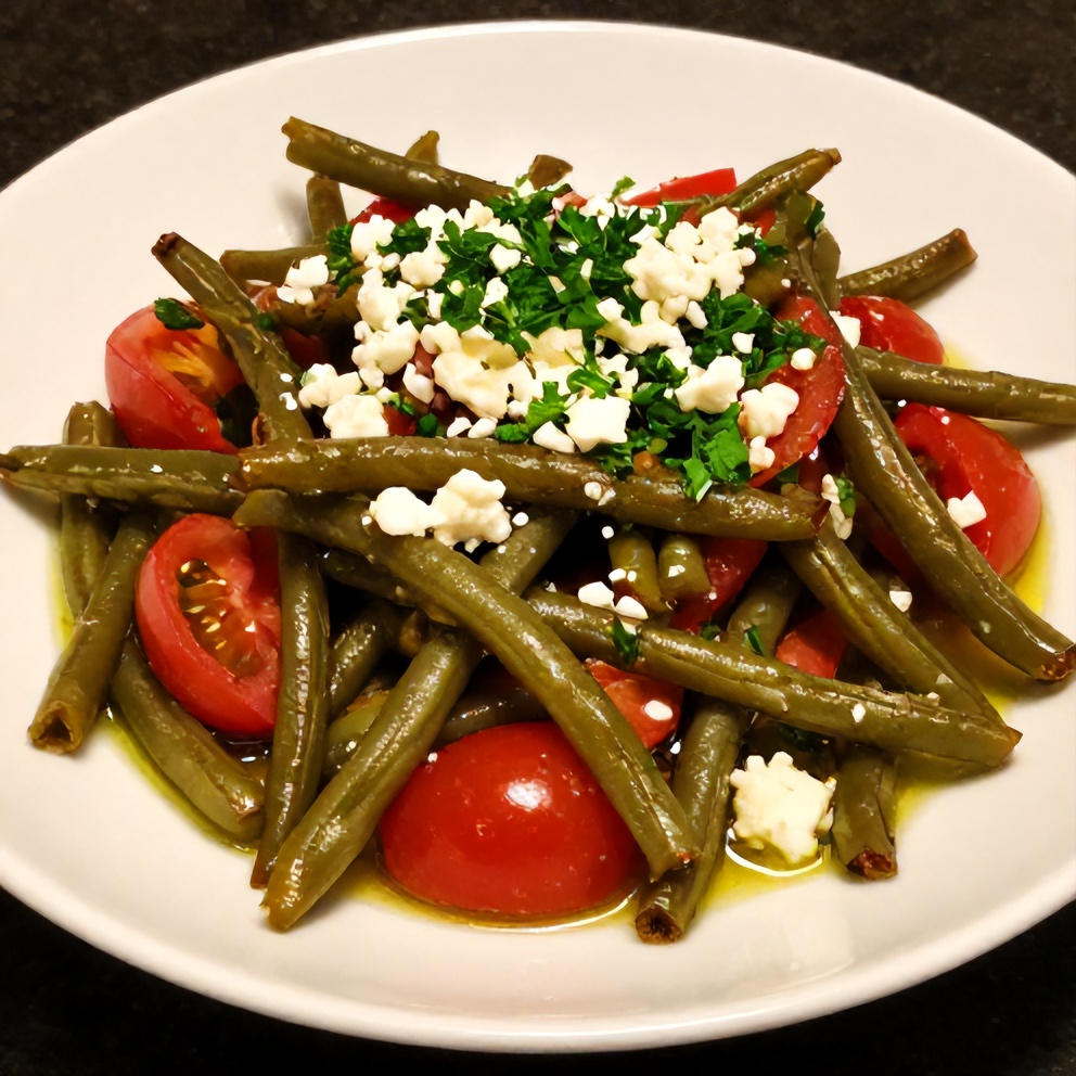 Plated serving of crispy fresh green bean and tomato salad