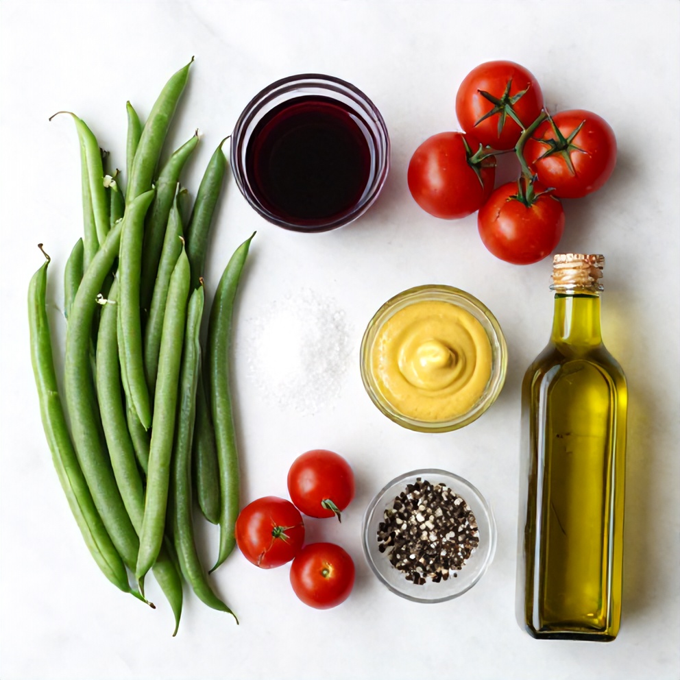 Raw ingredients for fresh green bean and tomato salad