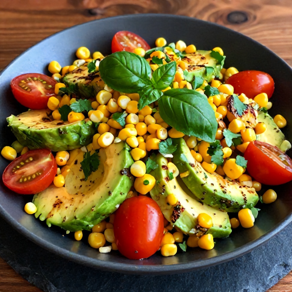Plated Fresh Grilled Corn Avocado Salad with Cherry Tomatoes