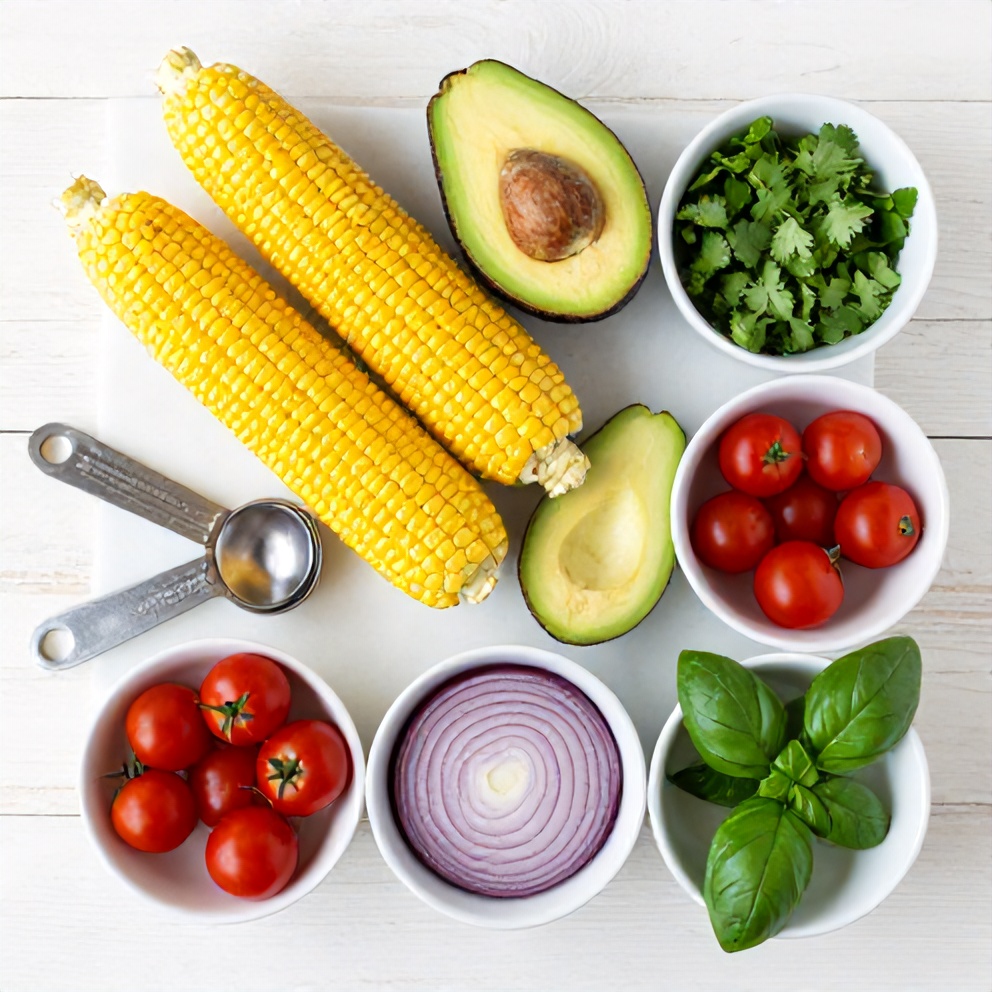 Raw ingredients for Fresh Grilled Corn Avocado Salad