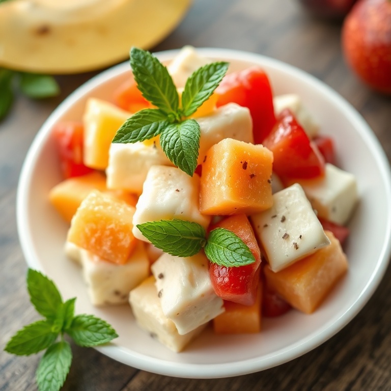 Single serving of Hawaiian cheesecake fruit salad garnished with fresh mint leaves in a white bowl on wooden surface