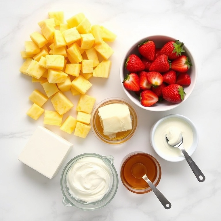 Overhead view of fresh pineapple, strawberries, cream cheese, whipped cream, honey, small bowls with measuring spoons on a white surface