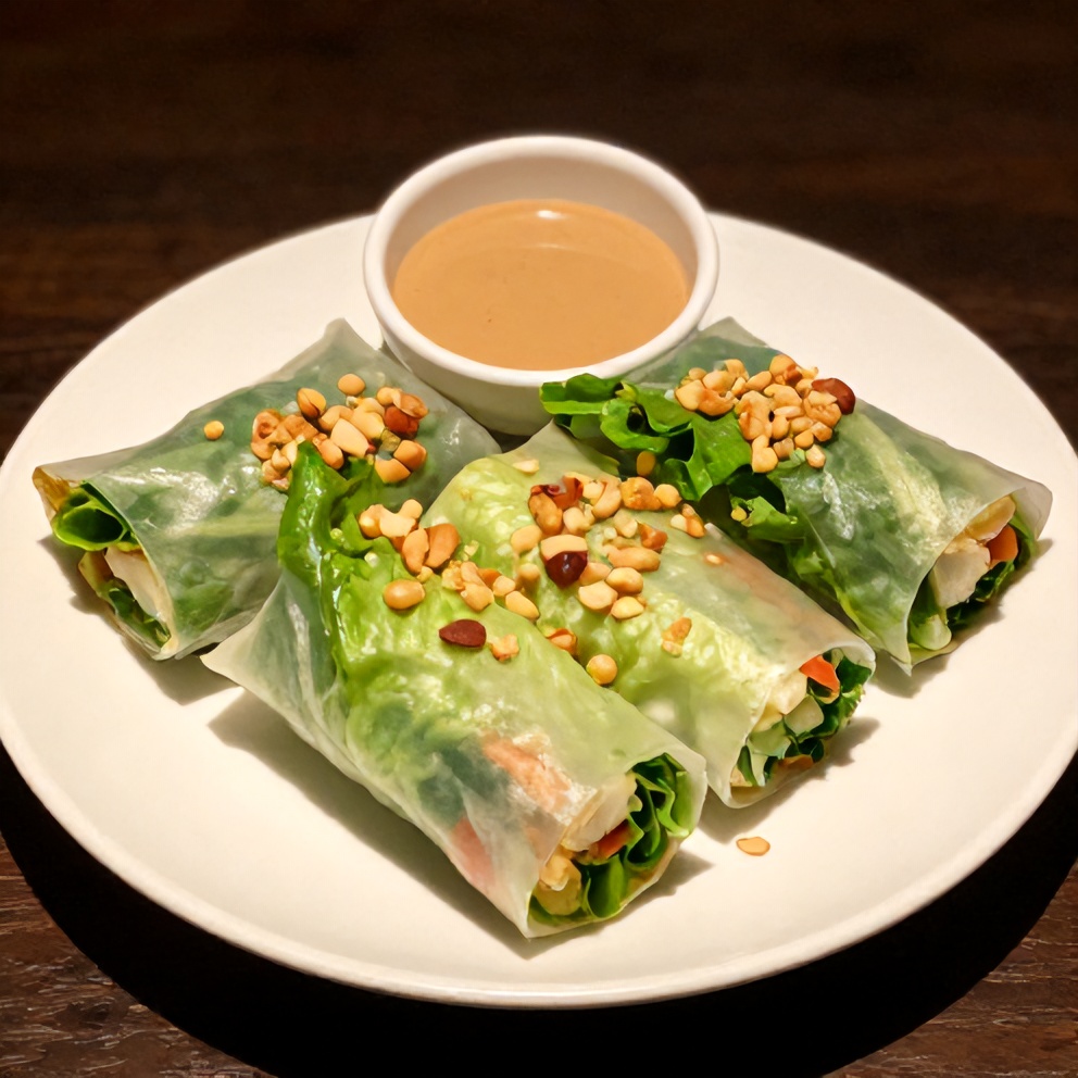 Plated fresh lettuce wrapped veggie spring rolls with almond dip